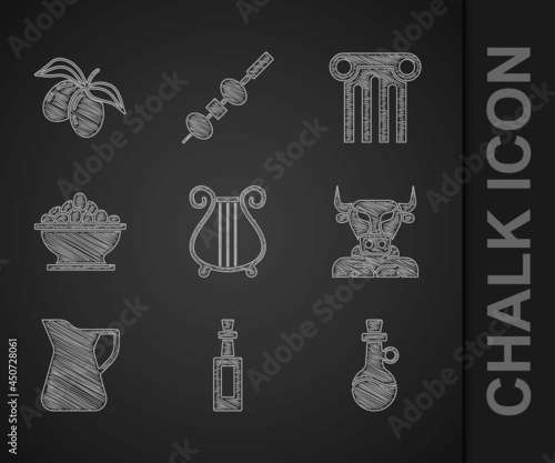 Set Ancient lyre, Bottle of olive oil, Minotaur, Olives bowl, column and branch icon. Vector