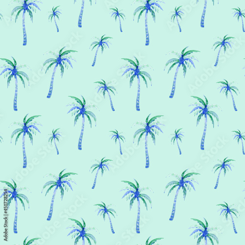 Coconut trees seamless tropical pattern. Watercolor palm on mint color background