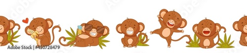 Seamless border with joyful monkeys. Joy. Dances. Rest. Isolated on a white background. Vector illustration