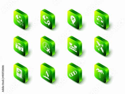 Set Location on the globe, Plane, Suitcase, Tropical palm tree, Sand castle, Snowboard and Surfboard icon. Vector