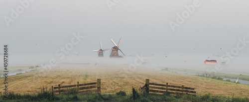 Classic Dutch windmills in morning fog over farm fields in Aarlanderveen, The Netherlands - typical Dutch countryside scenery. Panorama. photo