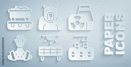 Set Solar energy panel, Nuclear power plant, High human body temperature, Deforestation, Polar bear head and Coal train wagon icon. Vector