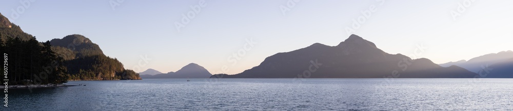Canadian Nature Mountain Landscape Background. Sunny Evening before Sunset. Panoramic View of Howe Sound, between Squamish and Vancouver, British Columbia, Canada.