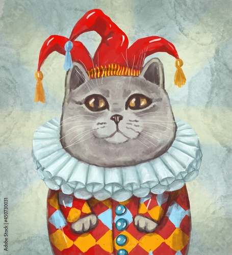 funny circus cat in a suit and red hat, big collar looks at the camera