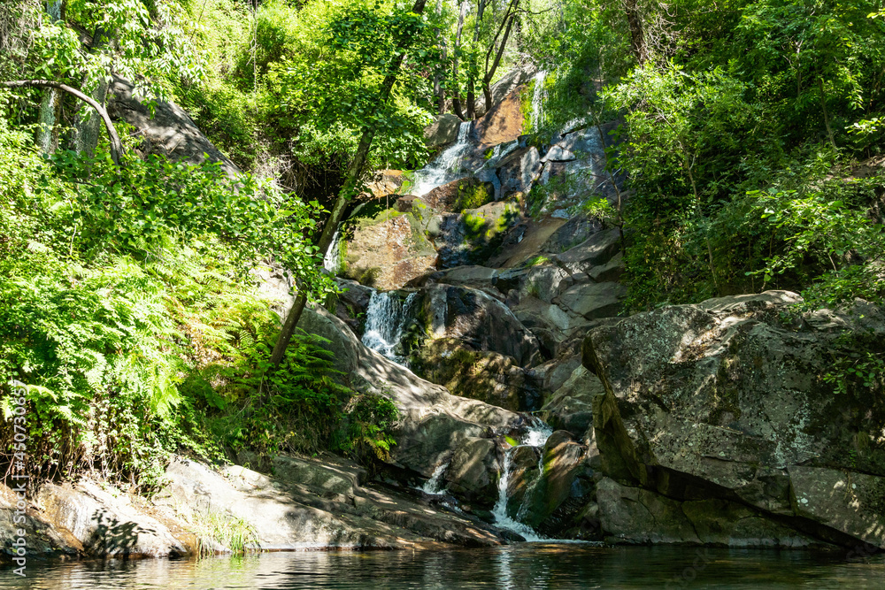 Fototapeta premium Cascada entre rocas con lago y bosque verde