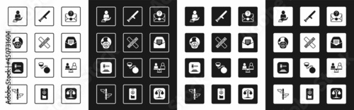 Set Envelope with question mark, Censored stamp, International day of peace, Life insurance in hand, Mail e-mail, Police rubber baton, Gender equality and Judge gavel icon. Vector