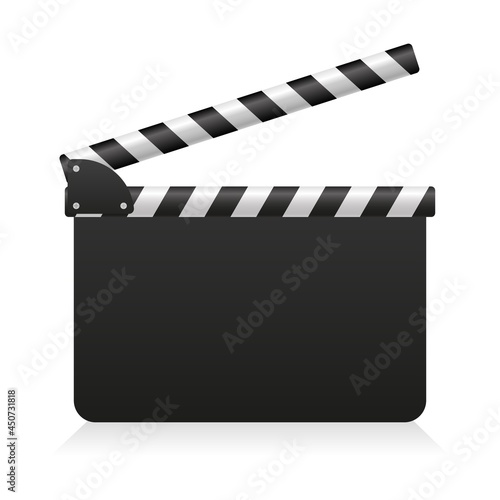 Filming clapperboard icon. Black cinematography equipment stripes media production for times film shooting and storyboard video vector scenes