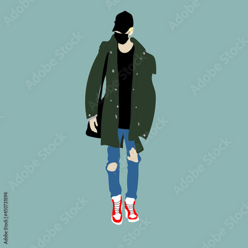 Vector illustration of Kpop street fashion. Street idols of Koreans. The idol of Kpop men's fashion. A guy in jeans and a green jacket and sneakers and a black mask.