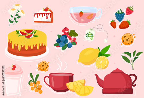 Set of cute teatime elements on pink background. Cups, teapots, sweets and kitchen utensils. Templates for scrapbooking, greeting card, party, poster, sticker kit. Flat cartoon vector illustration
