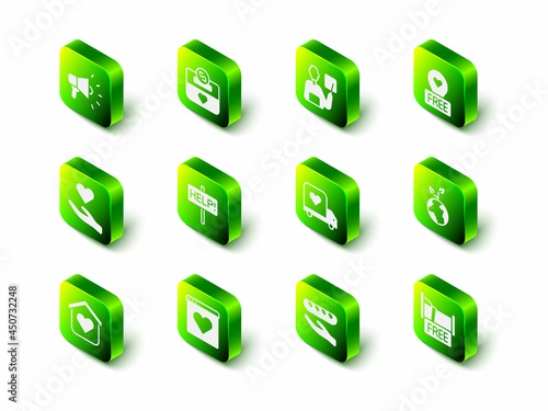 Set Donation and charity, Teacher, Location with heart, Volunteer team planting trees, Free overnight stay house, Delivery truck, food and Dating app online icon. Vector