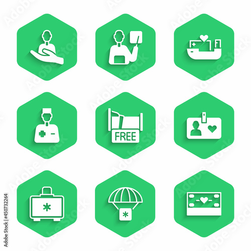 Set Free overnight stay house, Humanitarian aid, Donation and charity, Volunteer card or badge, First kit, Male doctor, ship and Caring for people icon. Vector