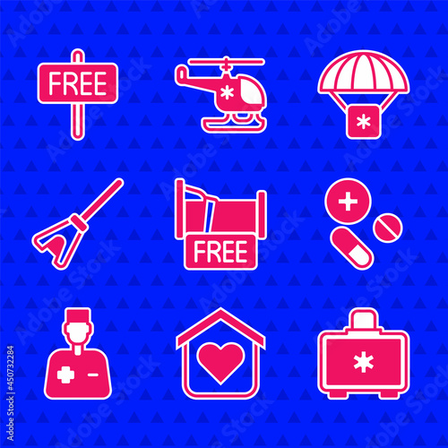 Set Free overnight stay house, Shelter for homeless, First aid kit, Medicine pill tablet, Male doctor, Mop, Humanitarian and sign icon. Vector