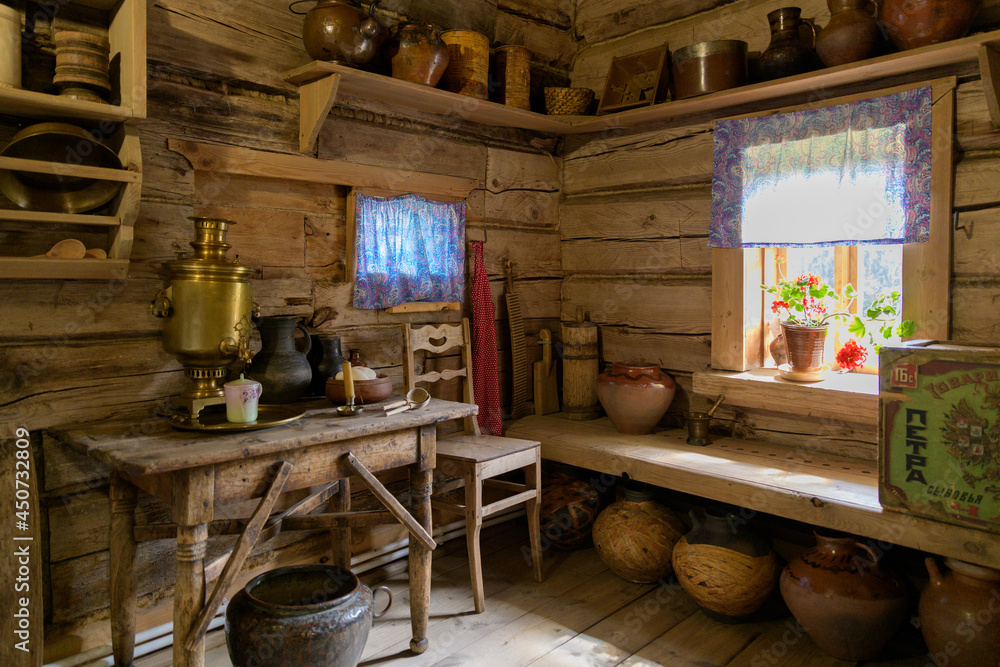 Interior of wooden Russian hut, the traditional home of a Russian peasan. Suzdal, Russia