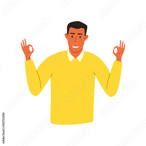 A flat vector cartoon illustration of a smiling man showing the okey sign with his hands. Isolated design on a white background.