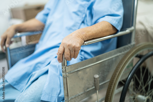 Asian senior or elderly old lady woman patient on wheelchair at nursing hospital ward, healthy strong medical concept