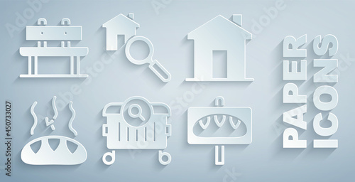 Set Searching for food, Real estate, Donation, house and Bench icon. Vector