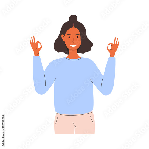 Flat vector cartoon illustration of a smiling woman showing the okey sign with her hands. Isolated design on a white background.