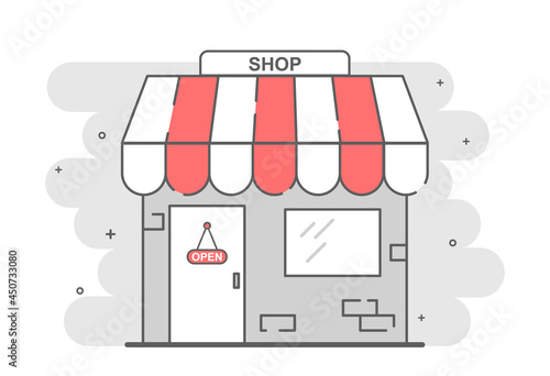 Poster with store market icon in comic style on white background. Shop building sign as a pictogram. Concept of small street corner business owner. Flat cartoon vector illustration