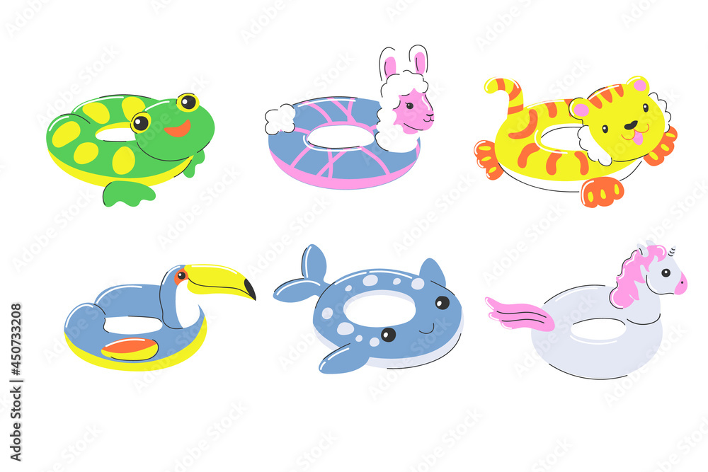 inflatable rubber swimming ring. 
summer water beach toy. circle in the form of a frog, unicorn, alpaca, llama, tiger, toucan and whale. set of stock vector illustration in cartoon flat style on white