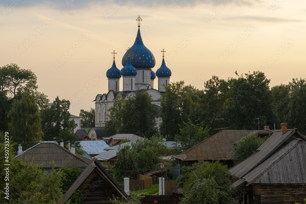 Evening view of Suzdal with Cathedral of the Nativity of the Virgin Mary. Suzdal, Russia