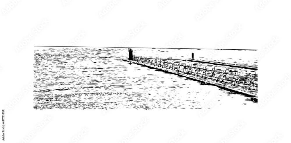 Building view with landmark of Kalamazoo is a city in southern Michigan. Hand drawn sketch illustration in vector.