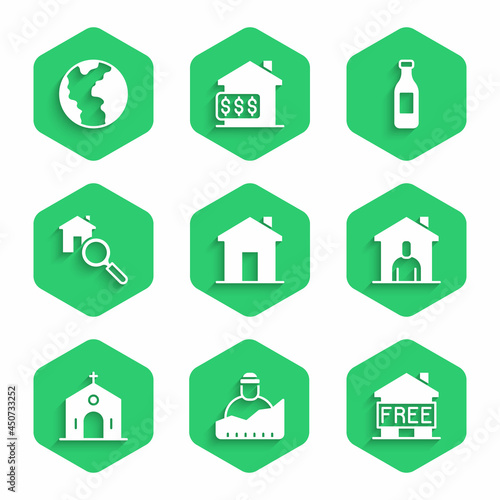 Set Real estate, Growth of homeless, Shelter for, Church building, Search house, Bottle water and Global economic crisis icon. Vector