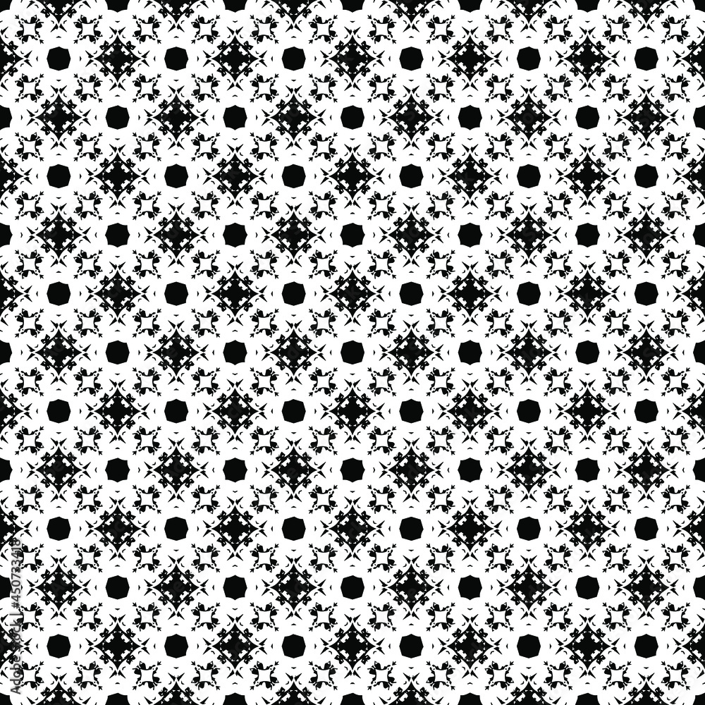 Black and white surface pattern texture. Bw ornamental graphic design. Mosaic ornaments. Pattern template. Vector illustration.