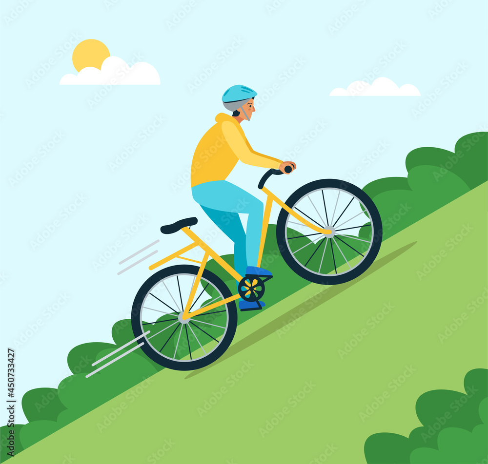 Fototapeta premium Biker man in a helmet rides uphill, sun, clouds, plants. Vector flat style illustration.