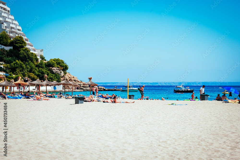 MAJORCA Boats moored in clear Mediterranean waters off the coast