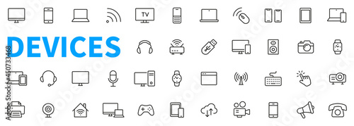 Device and technology line icon set. Electronic devices and gadgets, computer, equipment and electronics. Computer monitor, smartphone, tablet and laptop sumbol collection - stock vector.