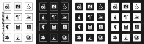 Set Test tube, Plant breeding, Force of physic formula, Basic geometric shapes, Experimental mouse, Graphing paper engineering, Patient record and Virus icon. Vector