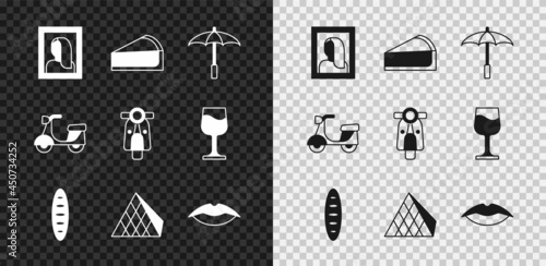 Set Portrait picture in museum, Cherry cheesecake slice, Umbrella for beach, French baguette bread, Louvre glass pyramid, Smiling lips, Scooter and icon. Vector