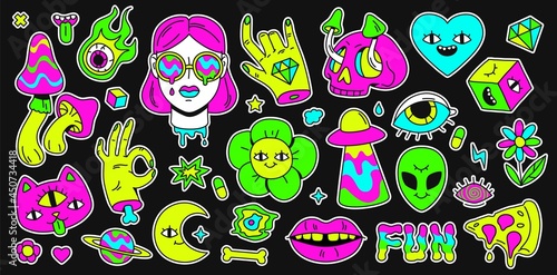 Psychedelic retro space, rainbow and surreal elements sticker. Abstract cartoon weird emoji, girl and cat character. Holutination vector set photo
