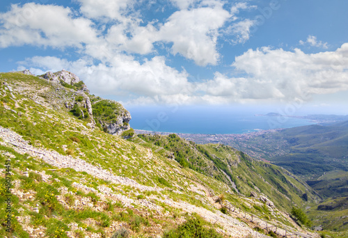 Cima del Redentore (Latina, Italy) - The panoramic peak with religious statue in the Aurunci mountains, over Formia city and Tirreno sea, beside Petrella summit and San Michele Arcangelo hermitage. photo