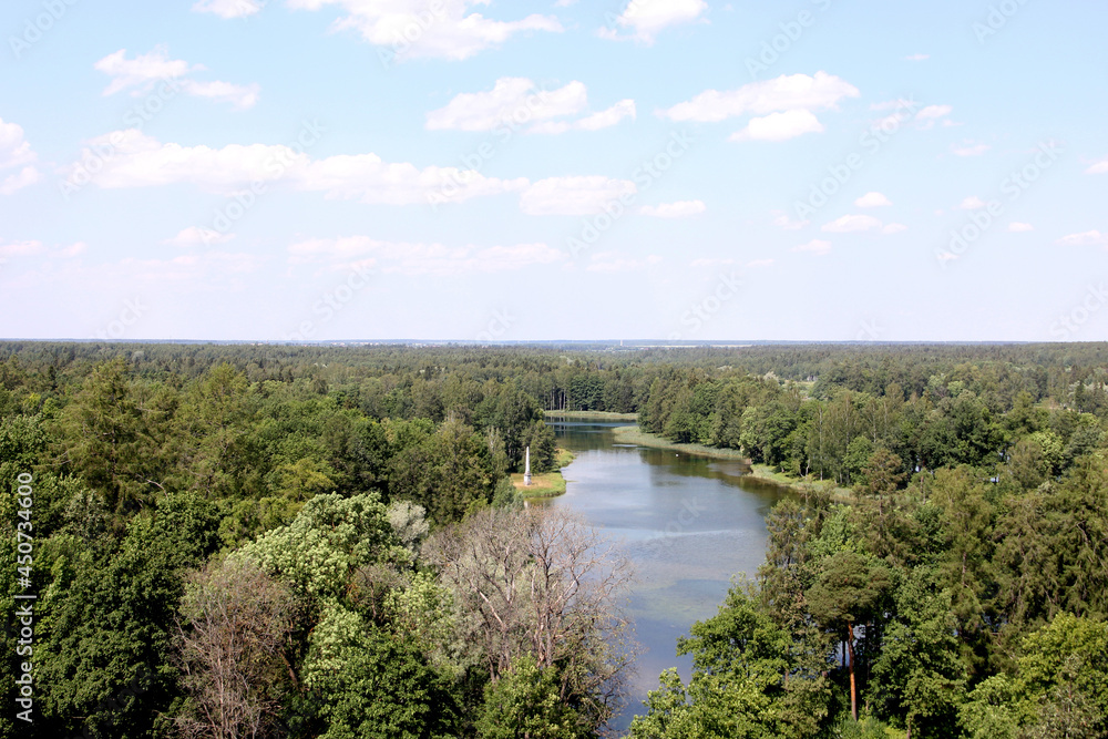 Palace Park in Gatchina. Top view. Lake and forest in the park.