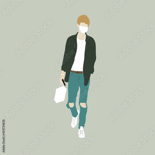 Vector illustration of Kpop street fashion. Street idols of Koreans. The idol of Kpop men's fashion. A guy in jeans, a green shirt and a mask.
