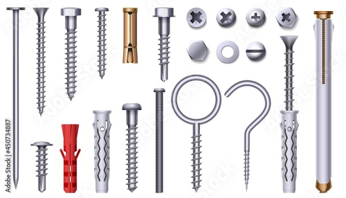 Realistic steel nut, bolt, screw and plastic dowel. 3d metal hardware elements with thread. Stainless nails, pins and studs heads vector set