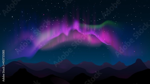 Abstract mountain night landscape with aurora borealis and stars. Northern colored lights in sky, polar natural glowing vector illustration