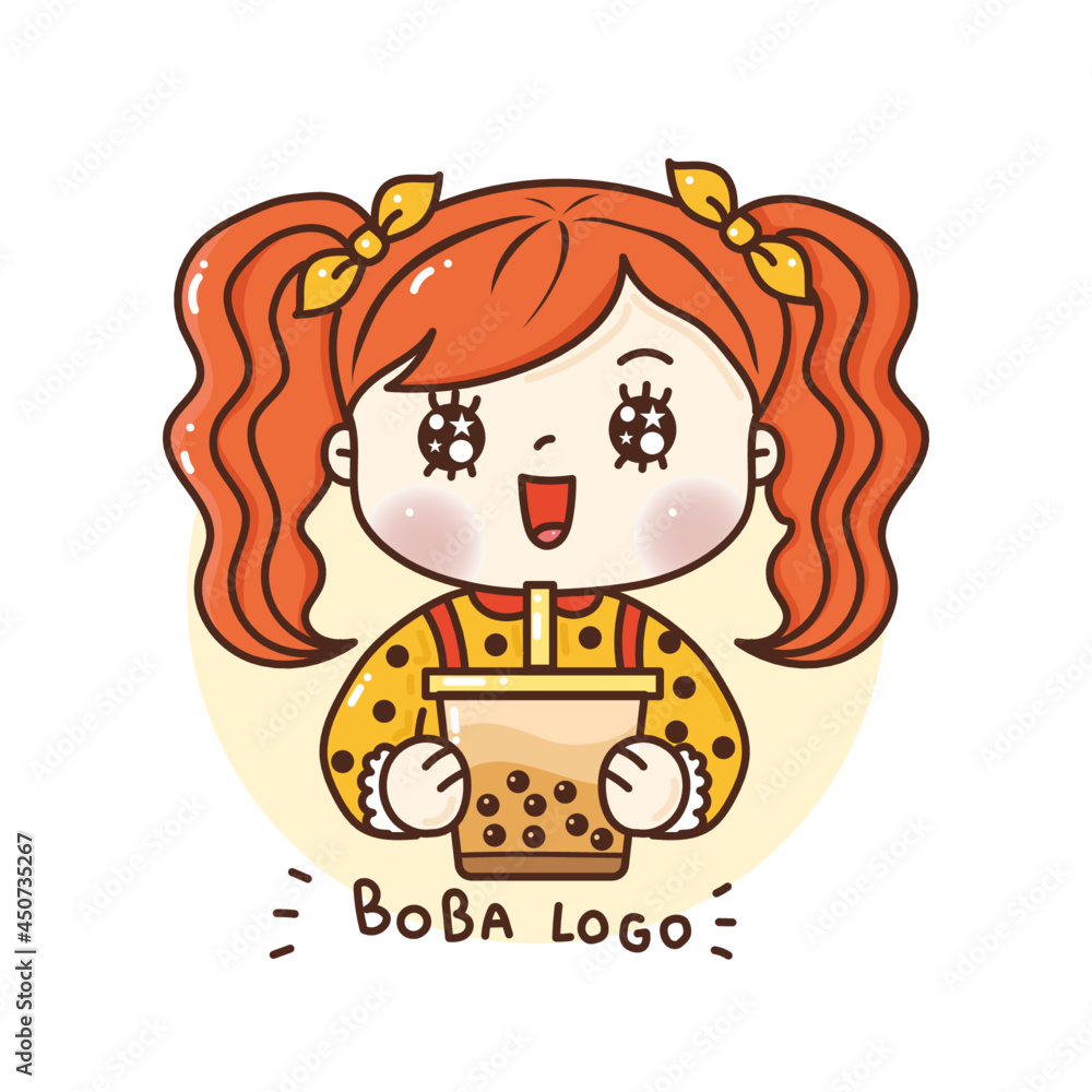 cute girl holding Bubble Tea. Logo for branding milk tea store and café cute girl holding Bubble Tea. Logo for branding milk tea store and café