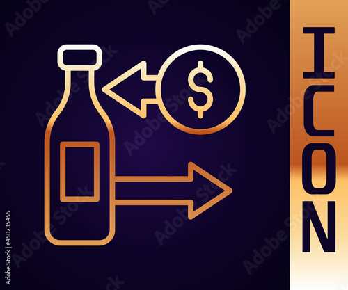 Gold line Reception and sale of glass bottles icon isolated on black background. Vector