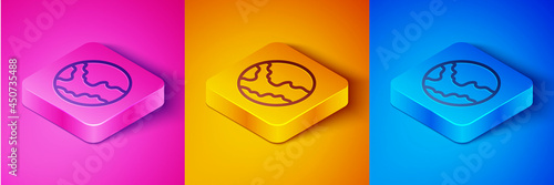 Isometric line Global economic crisis icon isolated on pink and orange, blue background. World finance crisis. Square button. Vector
