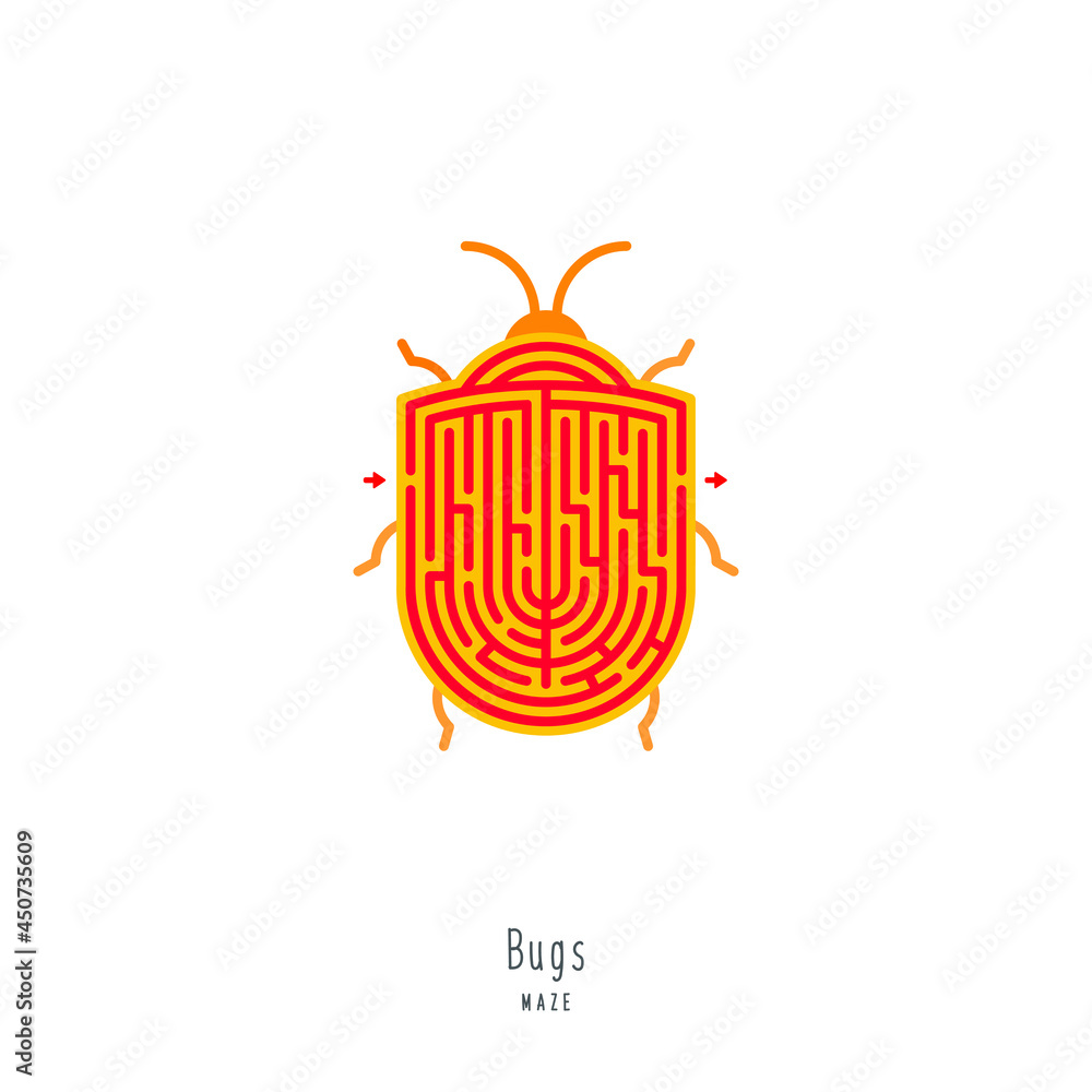Fototapeta premium Abstract maze insect. Educational game for children, logic and thinking. Color puzzle. Labyrinth conundrum. Vector illustration isolated on white background. One Entrance, One Exit. Cartoon style.