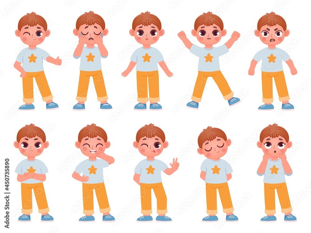 Cartoon cute kid boy character expressions and emotions. Little child laugh, smile, cry and surprise. Angry, sad, happy boy pose vector set