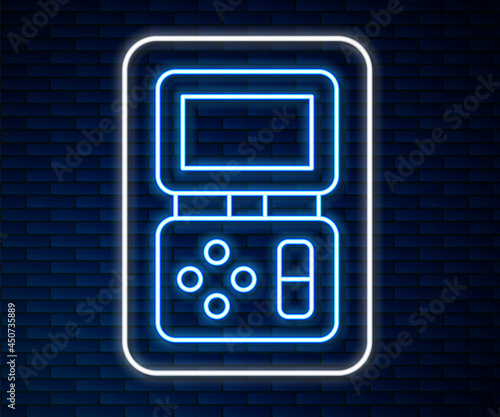 Glowing neon line Portable tetris electronic game icon isolated on brick wall background. Vintage style pocket brick game. Interactive playing device. Vector
