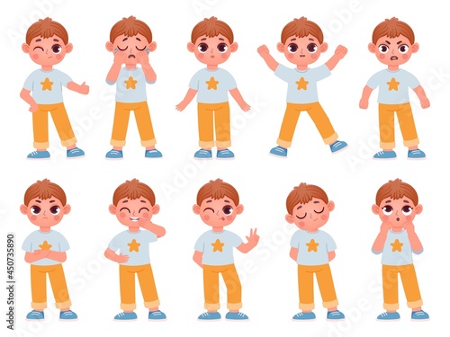 Cartoon cute kid boy character expressions and emotions. Little child laugh, smile, cry and surprise. Angry, sad, happy boy pose vector set