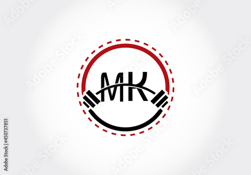 Initial MK Letter alphabet with a barbell. Lifting vector logo design. Modern vector logo for bodybuilding, gym, fitness, and company identity