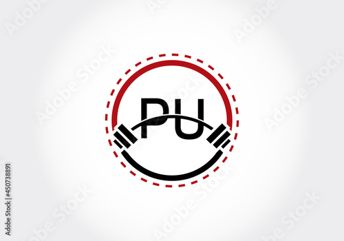 Initial PU Letter alphabet with a barbell. Lifting vector logo design. Modern vector logo for bodybuilding, gym, fitness, and company identity
