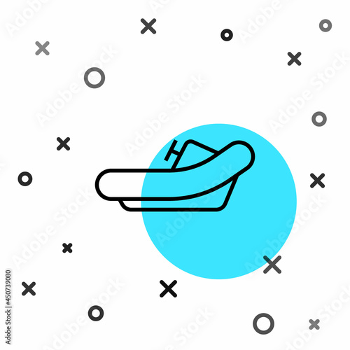 Black line Rafting boat icon isolated on white background. Inflatable boat with paddles. Water sports, extreme sports, holiday, vacation. Random dynamic shapes. Vector