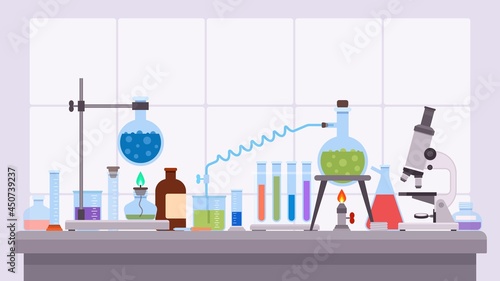 Flat science laboratory experiment with glass beakers and flask. Pharmaceutical research equipment on desk. Chemical lab test vector concept