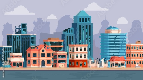 Cartoon city with ruined buildings after earthquake, disaster or war. Abandoned damaged street and broken road. Apocalyptic vector concept